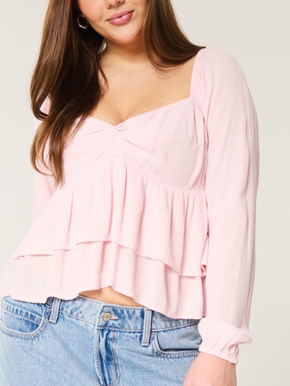 Hollister Pink Tiered Long-Sleeve Peplum Top